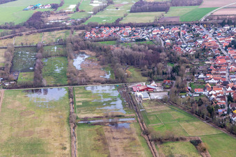 Luftbild von Überfluteter Flutgraben/Erlenbach an der Waschmühle in Billigheim-Ingenheim im Bundesland Rheinland-Pfalz, Deutschland