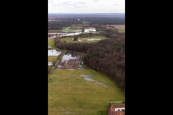 Überflutete Flutungswiesen des Polder Neupotz am Hochwasser- Pegel führenden Flußbett des Rhein in Neupotz in Erlenbach bei Kandel im Bundesland Rheinland-Pfalz, Deutschland