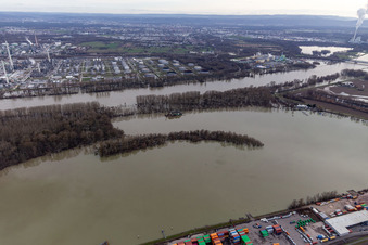 Luftbild von Baggerschiff im Landeshafen Wörth bei Hochwasser im Ortsteil Maximiliansau in Wörth am Rhein im Bundesland Rheinland-Pfalz, Deutschland