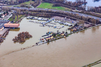 Jachthafen Motorbootclub Karlsruhe eV bei Hochwasser im Ortsteil Knielingen im Bundesland Baden-Württemberg, Deutschland