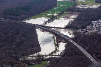 Luftbild von Waldgebiet Bienwald mit Land unter am Otterbach mit überschwemmten Wiesen an der A65 in Kandel im Bundesland Rheinland-Pfalz, Deutschland