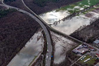 Luftaufnahme von Waldgebiet Bienwald mit Land unter am Otterbach mit überschwemmten Wiesen an der A65 in Kandel im Bundesland Rheinland-Pfalz, Deutschland
