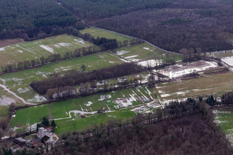 Luftbild von Otterbachniederung bei Hochwasser bei der Hardtmühle in Minfeld im Bundesland Rheinland-Pfalz, Deutschland