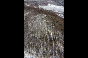 Winterluftbild im Schnee von Burg Neukastell in Leinsweiler im Bundesland Rheinland-Pfalz, Deutschland
