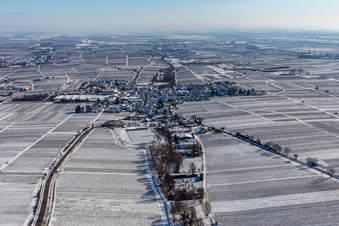 Winterluftbild im Schnee in Böchingen im Bundesland Rheinland-Pfalz, Deutschland