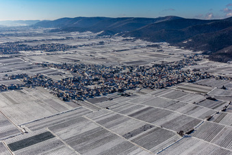 Winterluftbild im Schnee im Ortsteil Diedesfeld in Neustadt an der Weinstraße im Bundesland Rheinland-Pfalz, Deutschland