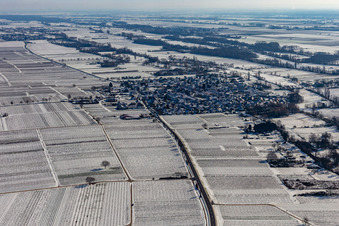 Winterluftbild im Schnee in Venningen im Bundesland Rheinland-Pfalz, Deutschland