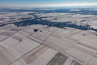 Winterluftbild im Schnee in Insheim im Bundesland Rheinland-Pfalz, Deutschland