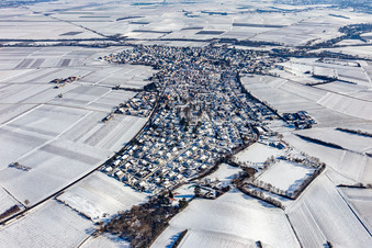 Winterluftbild im Schnee in Insheim im Bundesland Rheinland-Pfalz, Deutschland