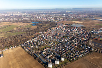 Ortsansicht der Straßen und Häuser der Wohngebiete im Ortsteil Maudach in Ludwigshafen am Rhein im Bundesland Rheinland-Pfalz, Deutschland