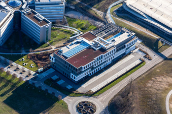 Sternförmige Büro- und Geschäftshäuser der SAP Deutschland SE & Co. KG am Waldrand in Walldorf im Bundesland Baden-Württemberg von oben