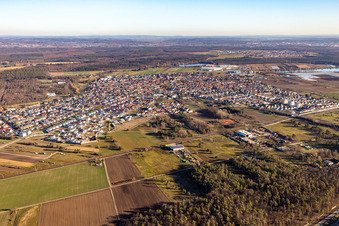 Ortsansicht am Rande von landwirtschaftlichen Feldern und Nutzflächen in Wiesental in Waghäusel im Bundesland Baden-Württemberg, Deutschland