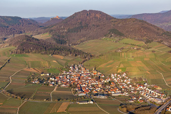 Dorf - Ansicht am Rande von Weinbergen im Frühjahr vor dem Trifels in Birkweiler im Bundesland Rheinland-Pfalz, Deutschland