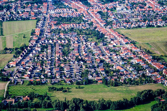 Ortsansicht der Straßen und Häuser der Wohngebiete in Haßloch im Bundesland Rheinland-Pfalz, Deutschland