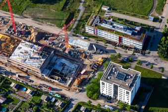 Luftaufnahme von Technologiepark, Baustelle an der Emmy-Noether-Straße im Ortsteil Rintheim in Karlsruhe im Bundesland Baden-Württemberg, Deutschland