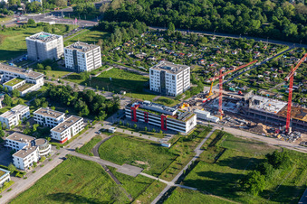 Schrägluftbild von Technologiepark, Baustelle an der Emmy-Noether-Straße im Ortsteil Rintheim in Karlsruhe im Bundesland Baden-Württemberg, Deutschland