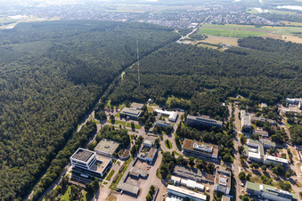 Schrägluftbild von Campus- Gebäude der Universität KIT - Campus Nord (ehemaliges Kernforschungszentrum Karlsruhe) im Hintergrund von Leopoldshafen in Eggenstein-Leopoldshafen im Bundesland Baden-Württemberg, Deutschland