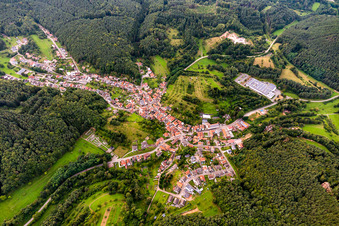 Von Wald und Forstgebieten umgebener Ortskern der Straßen und Häuser und Wohngebiete in Schwanheim im Bundesland Rheinland-Pfalz, Deutschland