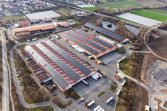 Schrägluftbild von Pfalzmarkt für Obst und Gemüse im Ortsteil Dannstadt in Dannstadt-Schauernheim im Bundesland Rheinland-Pfalz, Deutschland