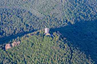 Burgruine Scharfenberg mit Gerüst in Leinsweiler im Bundesland Rheinland-Pfalz, Deutschland