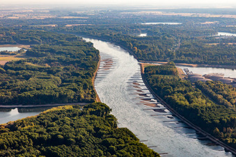 Trockengefallene Buhnen und Sandbänke im Rhein wegen Niedrigwasser im Ortsteil Knielingen in Karlsruhe im Bundesland Baden-Württemberg, Deutschland