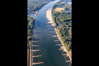 Trockengefallene Buhnen und Sandbänke im Rhein wegen Niedrigwasser im Ortsteil Maximiliansau in Wörth am Rhein im Bundesland Rheinland-Pfalz, Deutschland
