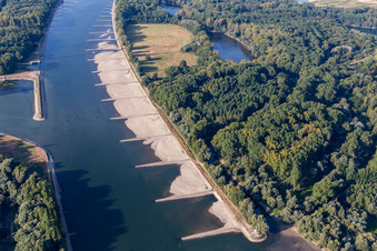 Luftbild von Trockengefallene Buhnen und Sandbänke im Rhein wegen Niedrigwasser im Ortsteil Maximiliansau in Wörth am Rhein im Bundesland Rheinland-Pfalz, Deutschland