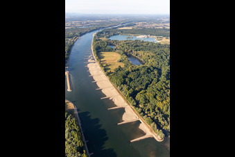 Luftaufnahme von Trockengefallene Buhnen und Sandbänke im Rhein wegen Niedrigwasser im Ortsteil Maximiliansau in Wörth am Rhein im Bundesland Rheinland-Pfalz, Deutschland