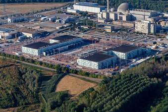 TransnetBW GmbH, Gleichstrom-Umspannwerk auf dem Gelände des stillgelegten AKW Philippsburg im Bundesland Baden-Württemberg, Deutschland von oben