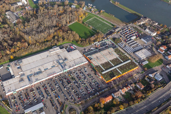 Luftbild von Maximilian-Center mit Globus im Ortsteil Maximiliansau in Wörth am Rhein im Bundesland Rheinland-Pfalz, Deutschland