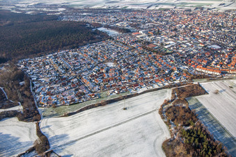 Luftbild von Südring im Winter bei Schnee in Rülzheim im Bundesland Rheinland-Pfalz, Deutschland