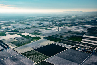 Windpark im Winter bei Schnee in Freckenfeld im Bundesland Rheinland-Pfalz, Deutschland