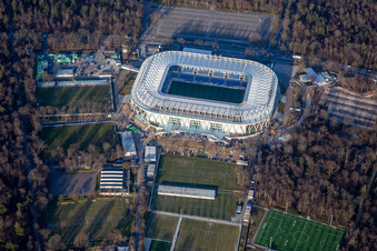 Luftaufnahme von BBBank Wildpark, fast vollendeter Stadionneubau des KSC im Ortsteil Innenstadt-Ost in Karlsruhe im Bundesland Baden-Württemberg, Deutschland