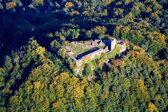 Luftaufnahme von Ruine und Mauerreste der ehemaligen Burganlage Lindelbrunn in Vorderweidenthal im Bundesland Rheinland-Pfalz, Deutschland