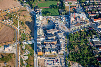 Luftbild von Symphonic Garden, Der Spiegelgarten, Grabgestaltung und Denkmal im Spinelli-Park der Bundesgartenschau Mannheim BUGA 2023 im Ortsteil Käfertal im Bundesland Baden-Württemberg, Deutschland