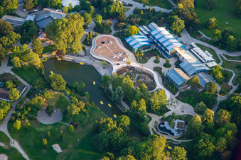 Luftbild von Pflanzenschauhaus (Botanischer Garten) im Luisenpark, Teil der Bundesgartenschau 2023 BUGA23 im Ortsteil Oststadt in Mannheim im Bundesland Baden-Württemberg, Deutschland