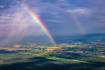 Doppelter Regenbogen überm Bienwald in Freckenfeld im Bundesland Rheinland-Pfalz, Deutschland