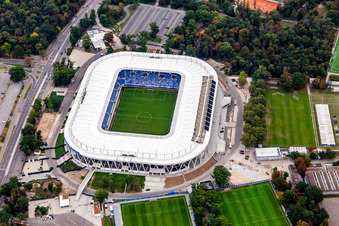 Fertig gestelltes BBBank Stadion Wildpark des  Karlsruher Sport-Club e.V im Ortsteil Innenstadt-Ost im Bundesland Baden-Württemberg, Deutschland aus der Luft