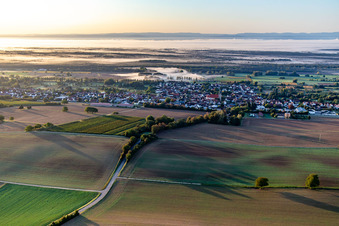 Luftbild von Steinfeld vor dem Bienwald im Morgennebel im Bundesland Rheinland-Pfalz, Deutschland