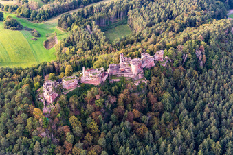Schrägluftbild von Burgenmassiv Altdahn mit den Burgruinen Grafendahn und Tanstein in Dahn im Bundesland Rheinland-Pfalz, Deutschland