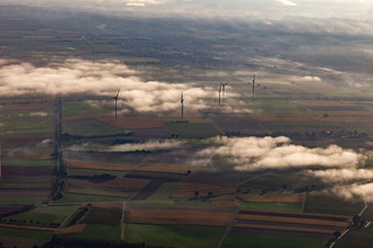 Windpark Minfeld im Morgendunst in Kandel im Bundesland Rheinland-Pfalz, Deutschland