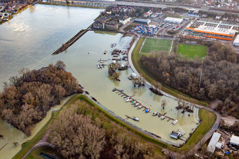 Rhein-Hochwasser am Rheinhafen Maximliansau im Ortsteil Maximiliansau in Wörth am Rhein im Bundesland Rheinland-Pfalz, Deutschland