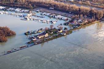 Wasserstraßen und Schifffahrtsamt Maxau bei Rhein-Hochwasser im Ortsteil Knielingen in Karlsruhe im Bundesland Baden-Württemberg, Deutschland