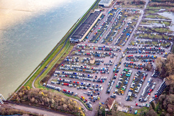 LKW-Lager der Zeltmann Kfz-Transfer GmbH am Rheinufer Maximiliansau in Wörth am Rhein im Bundesland Rheinland-Pfalz, Deutschland