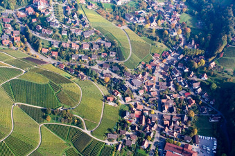 Panorama vom Ortsbereich und der Umgebung mit Weinbergen im Ortsteil Büchelbach in Sasbachwalden im Bundesland Baden-Württemberg, Deutschland