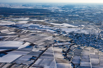 Im Winter bei Schnee von Nordwesten im Ortsteil Rechtenbach in Schweigen-Rechtenbach im Bundesland Rheinland-Pfalz, Deutschland