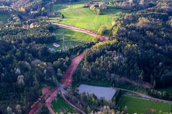 Schneise durch den Pfälzerwald zur Neuerrichtung des Teilstücks der Trans-Europa-Naturgas-Pipeline (TENP-III von den Niederlanden in die Schweiz) auf 51 km Länge zwischen Mittelbrunn und Klingenmünster in Schwanheim im Bundesland Rheinland-Pfalz, Deutschland von oben