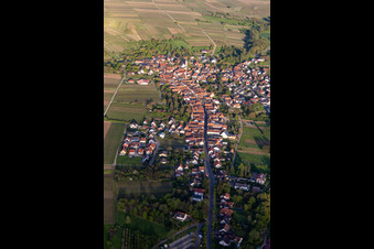 Hauptstraße von Westen am Abend in Göcklingen im Bundesland Rheinland-Pfalz, Deutschland