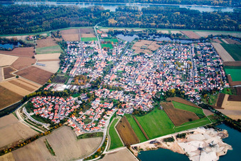 Ortsübersicht zwischen Baggersee und Rhein aus Westen in Leimersheim im Bundesland Rheinland-Pfalz, Deutschland