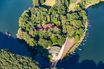 Schrägluftbild von Restaurant auf Insel Rott am Rhein in Linkenheim-Hochstetten im Bundesland Baden-Württemberg, Deutschland